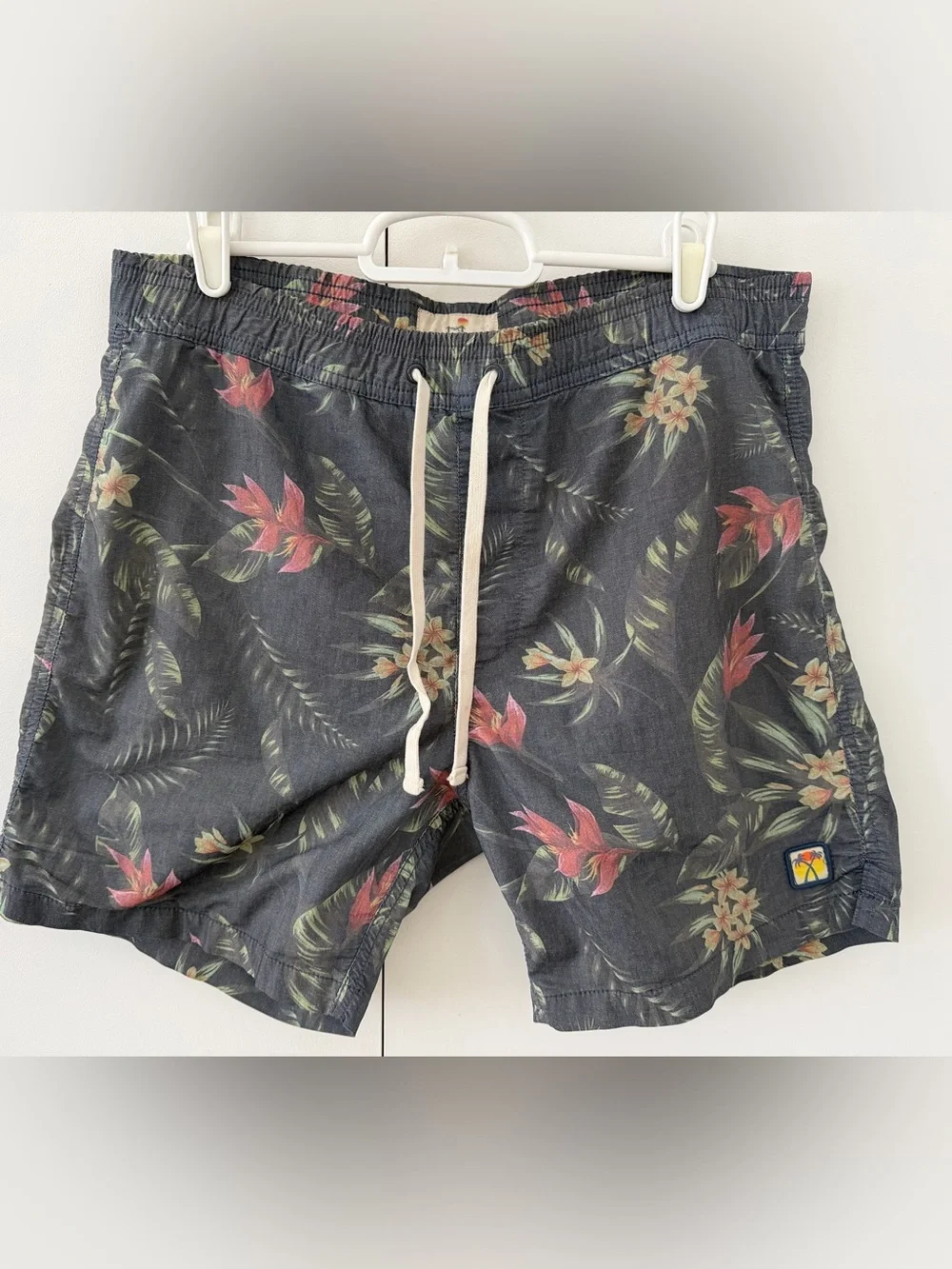 Marine Layer Dark Floral Tropical Swim Trunks - Black with Red & Green Accents
